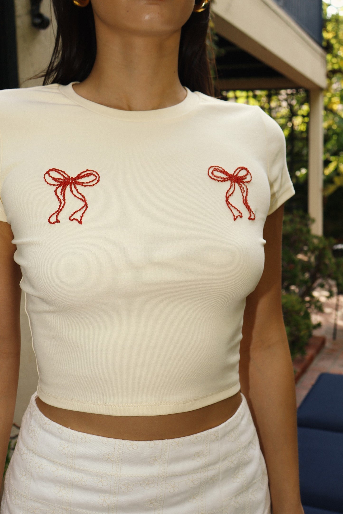 Double Bow Baby Tee - CUSTARD