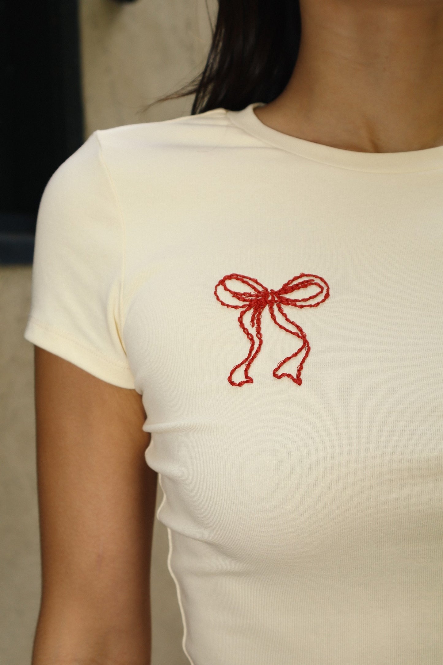 Double Bow Baby Tee - CUSTARD