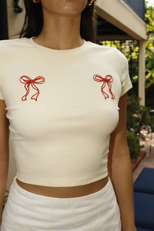 Double Bow Baby Tee - CUSTARD