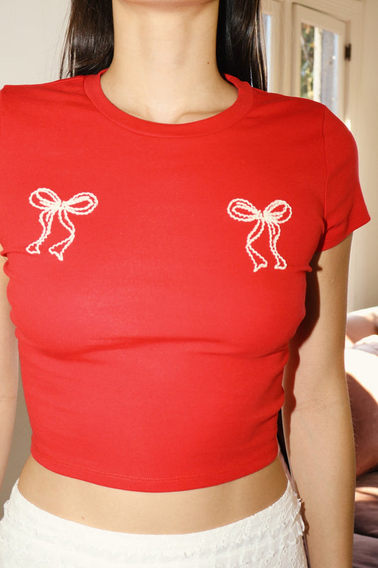 Double Bow Baby Tee - CHERRY